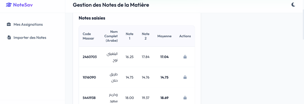 Saisie des notes