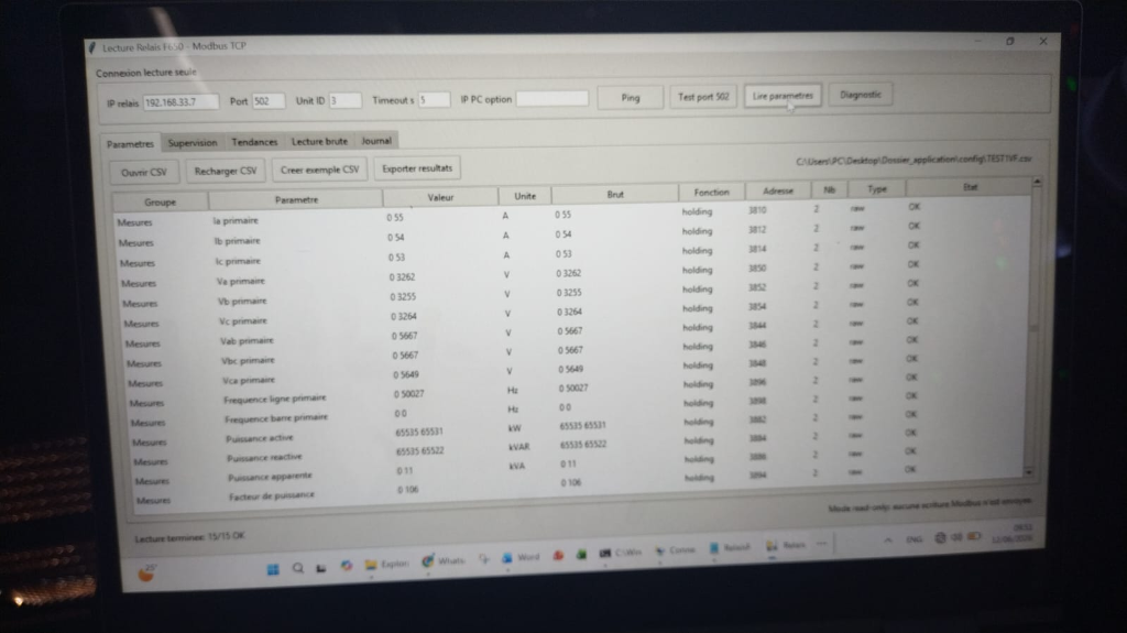 Table de Registres Modbus (Lectures)